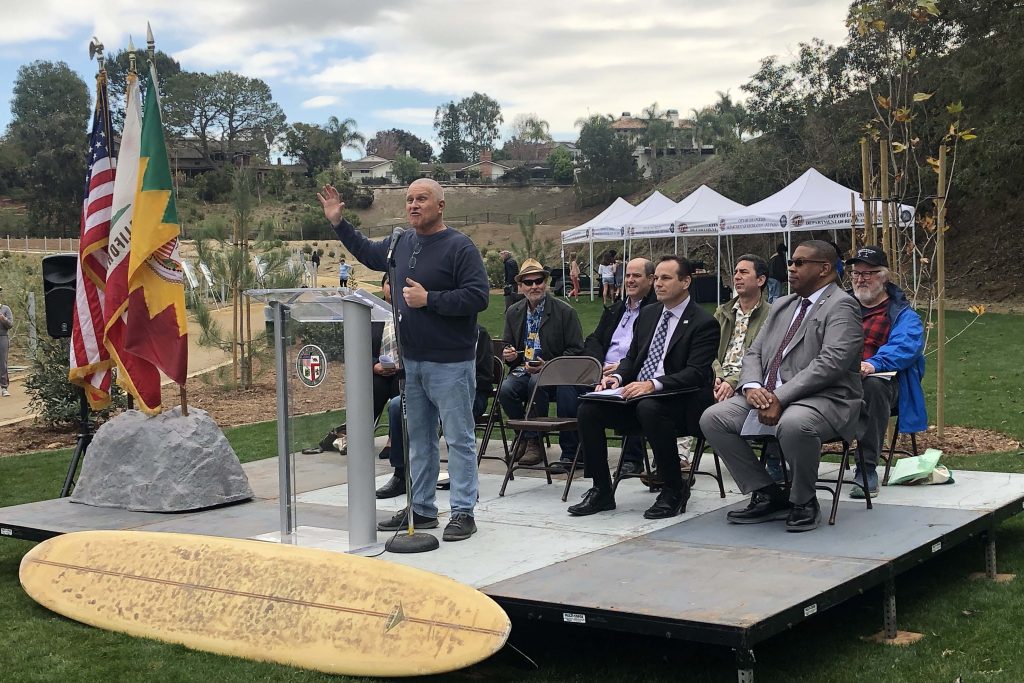 George Wolfberg Park at Potrero Canyon grand opening event, at former Potrero Canyon Park, Mike Bonin, Ted Allen, Roosevelt Bagby, David Card, Rob Weber, Andrew Wolfberg, David Wolfberg